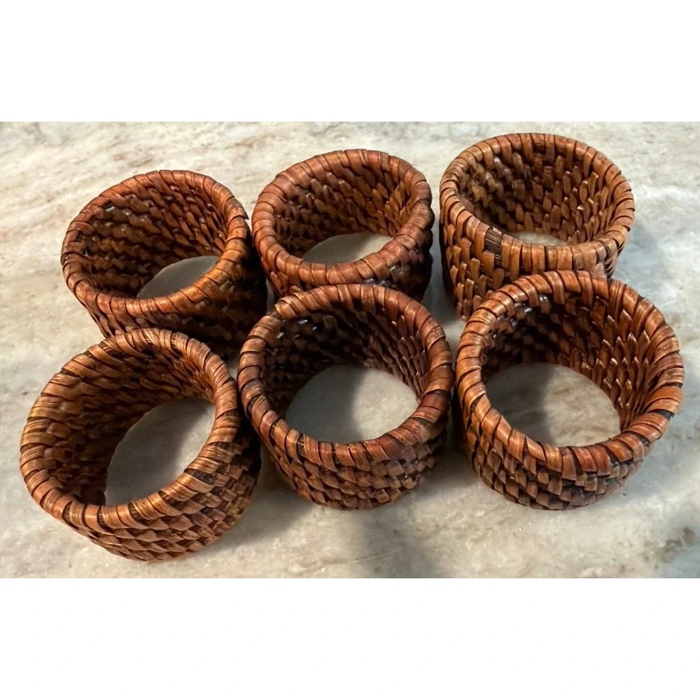 Set of 6 Woven Rattan Wicker Napkin Rings Brown Rustic Coastal Farmhouse Boho
